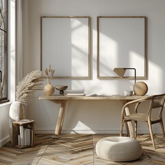 Modern interior design with blank poster frames, minimalistic desk setup, elegant wooden elements, light beige theme, natural lighting, professional detailed rendering