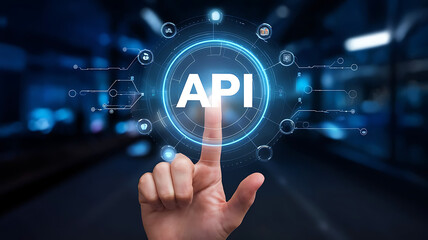 API application programming interface, a finger touch a hologram virtual interface that hologram of API, API integration, API development, JSON, API documentation, 