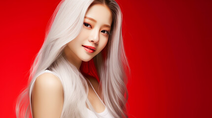 Fototapeta premium Portrait of smiling asian teenager girl with long and white hair red background.