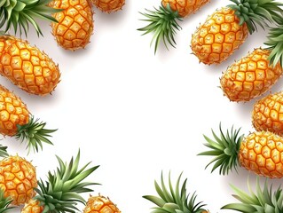 Fototapeta premium Pineapple Fruit with Green Leaves Border on White Background
