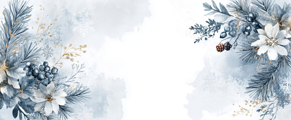 Winter watercolor background presentation design with text space for display, winter branches and berries, pine twigs and snowflakes on a white background with empty center area for text, Ai