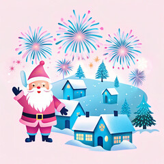 Festive scene with Santa waving in a snowy village as fireworks burst overhead. A perfect holiday-themed illustration for the winter season.
