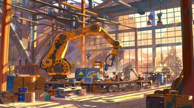 Industrial setting with a yellow robotic arm in the foreground.