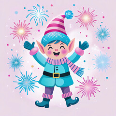 Cute elf celebrating New Year's Eve with fireworks lighting up the night. Perfect illustration for holiday greeting cards and festive decor.