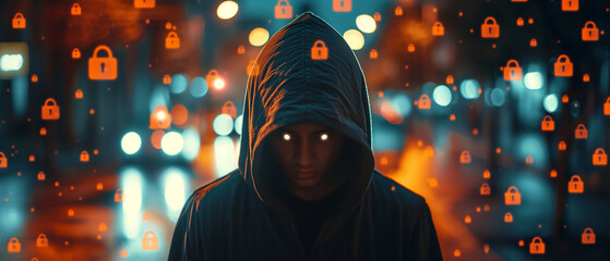 Hooded figure and digital security lock icons represent cybersecurity threats.