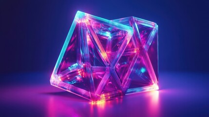 A Neon-Lit, Faceted Glass Structure with Pink and Blue Illumination