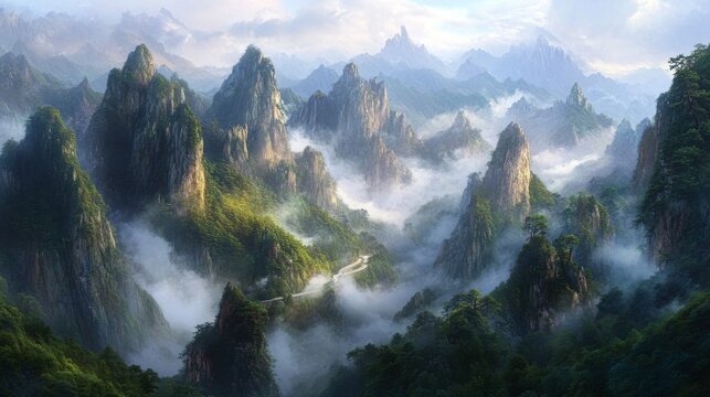 The dramatic peaks of Mount Luya, Sichuan, China, with winding mountain roads leading through dense forests, mist-filled valleys, and jagged ridges cutting through the landscape