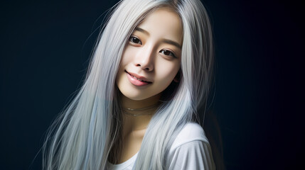 Fototapeta premium Portrait of smiling asian teenager girl with long and white hair blue background.