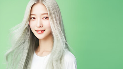 Naklejka premium Portrait of smiling asian teenager girl with long and white hair creamy green background.