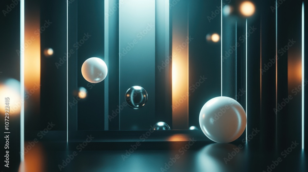 Poster abstract composition with spheres and glowing bars