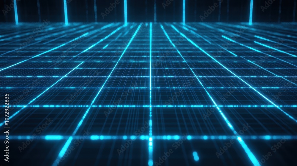 Poster Abstract Grid Pattern with Glowing Blue Lines on a Dark Background