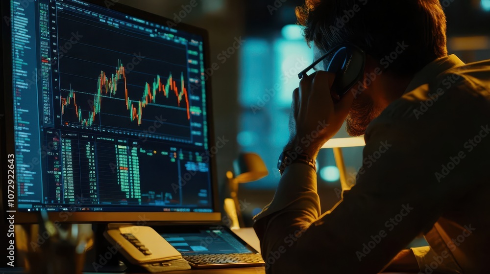 Poster stock analyst examining data with graphs and charts