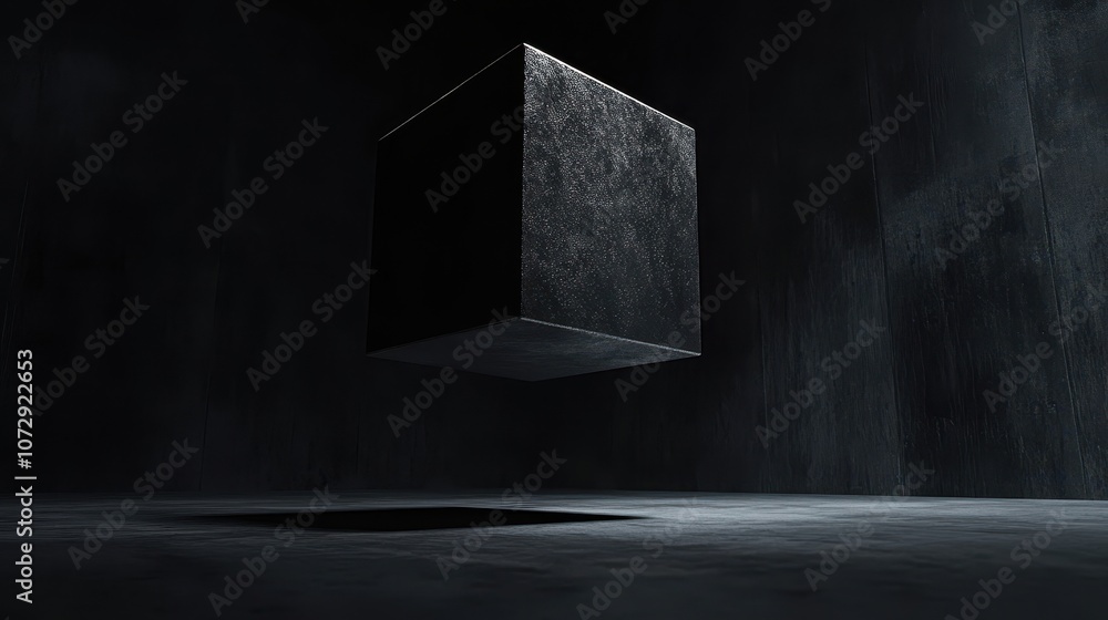 Poster a suspended black cube with a rough texture in a dark setting