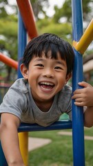 Fototapeta premium A joyful young boy plays on colorful playground equipment during a sunny day in a vibrant park, radiating happiness and laughter. Generative AI
