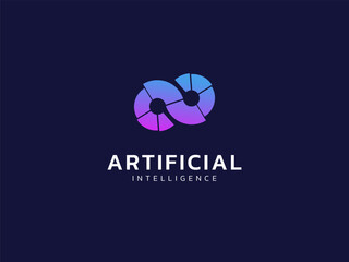 Artificial intelligence with twisted infinity double pie chart symbol technology Analysis logo vector design concept. AI technology logotype symbol for advance technology, tech company, ui, network.