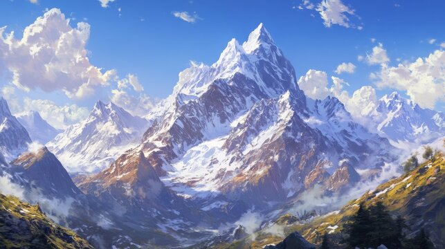 A breathtaking view of the Nanda Devi range from the border of China and India, with towering, jagged peaks and vast expanses of snow-covered terrain under a clear blue sky