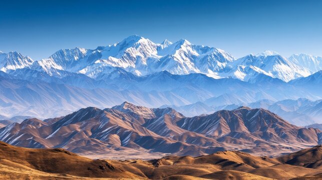 A breathtaking view of the Nanda Devi range from the border of China and India, with towering, jagged peaks and vast expanses of snow-covered terrain under a clear blue sky