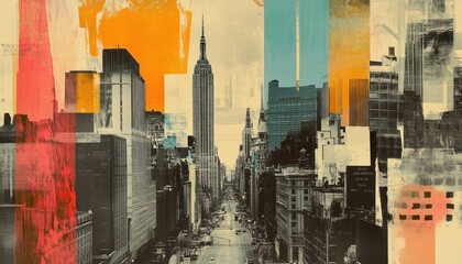 Abstract Collage of Cityscape with Skyscrapers and Painted Textures