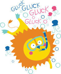 Baby Lion diving Funny Vector Design Illustration.