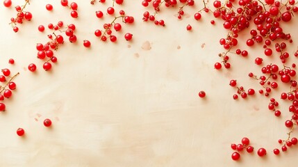 Redcurrants scattered on a wooden board on a soft cream background, ample room for text