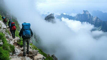 Fototapeta premium Mystical view of Mount Jiajin, Sichuan, China, with a dense cloud cover shrouding the mountain tops and a group of hikers ascending the rocky trail