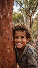 A joyful boy playing and smiling by a vibrant tree in a lush Australian bushland on a sunny afternoon. Generative AI