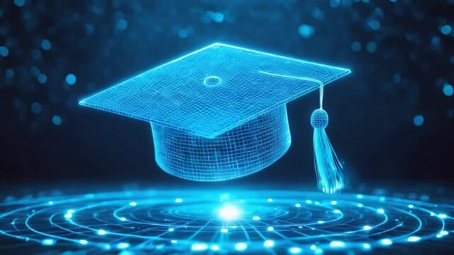 Futuristic digital graduation educational cap hologram showcasing modern learning futuristic technology virtual education in glowing blue neon light
