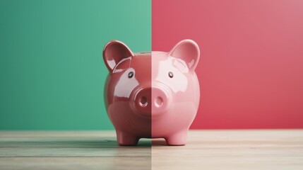 A two-tone piggy bank sits on a wooden surface, split between green and red backgrounds, symbolizing saving versus spending.