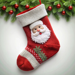 A classic red Christmas stocking with snowflake patterns and a fluffy white trim, perfect for holiday decor or Christmas morning scenes.