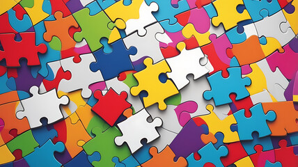 Naklejka premium Minimalistic icon of a puzzle with different colored pieces symbolizing unique contributions on a white background.