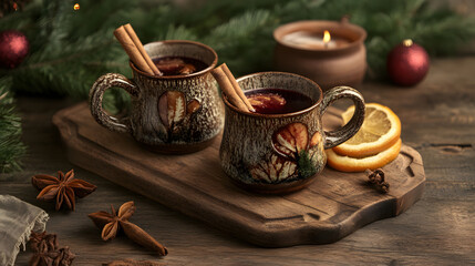 Traditional mulled wine in rustic mugs for holiday celebrations.