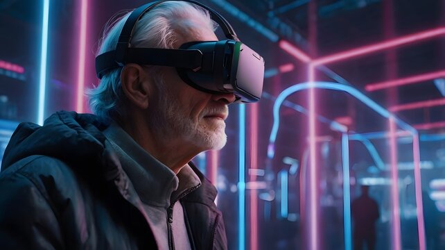 An older man immersed in virtual reality, exploring a neon-lit futuristic environment in an immersive technology showcase. Generative AI