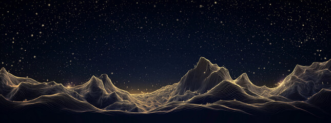 Hand-drawn vector line art of mountains, with gold lines on a dark blue background, in a simple and elegant style, Ai