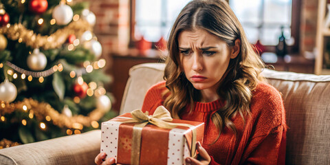 A young woman looking disappointed while holding a wrapped gift, capturing the relatable emotion of receiving an unwanted present during the holidays.

