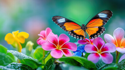 stunning close up of butterfly with vibrant orange and black wings perched on colorful flowers, creating breathtaking scene in lush garden