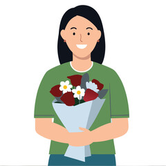 female teacher holding flower bouquet on hand.eps