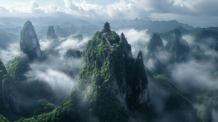 A breathtaking aerial view of Mount Fanjing, Guizhou, China, featuring the iconic peak with a Buddhist temple perched on top, surrounded by dense green forests and mist