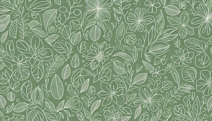 Fototapeta premium Seamless outlined floral and petal pattern with green background