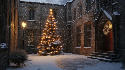 A Christmas tree is lit up in a snowy courtyard