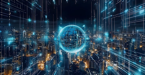 Futuristic cityscape with digital globe visualization