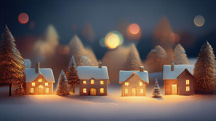Obraz premium 雪が積もる田舎の小さな家々 暖かい光が窓から漏れているクリスマスの風景 ミニチュアのような小さな世界