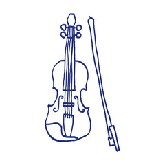 Musical instrument line sketch. Violin or viola with bow. Outline black and white vector illustration