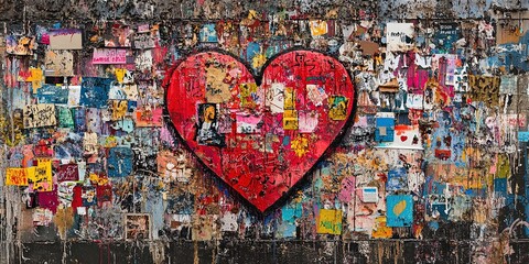 Colorful graffiti heart mural. Vibrant urban collage. The abstract expression of creativity through layers of paint, this textured street art wall captures artistic emotion and urban culture.