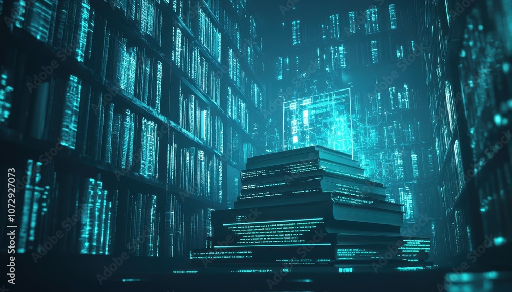Aufkleber a stack of books glowing with digital code in a futuristic library