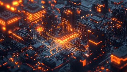 Fototapeta premium Futuristic Cyberpunk Cityscape with Glowing Orange Circuitry