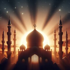 A mosque dome and minarets silhouetted against a bright sunrise, symbolizing spiritual unity.
