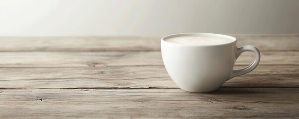Fototapeta premium A minimalist shot of a white coffee cup placed on a rustic wooden table, perfect for coffee lovers and cafe aesthetics.