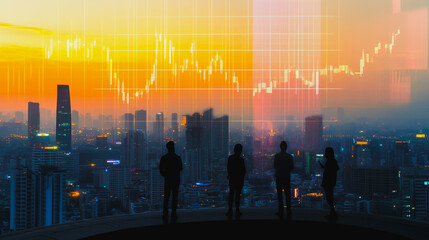 Abstract business team stands on the peak of success amid tall, innovative Smart city and graphs with statistics to analyze business potential and predict future developments in company growth.

