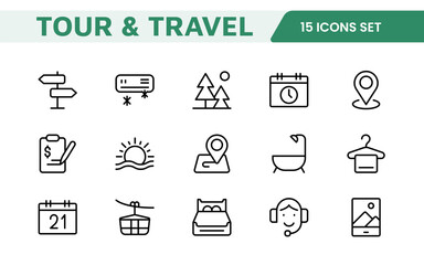 Travel Booking Icon Set. Stylish and user-friendly icons for enhancing travel apps, websites, and services, perfect for streamlining flight searches, hotel bookings, and adventure planning.