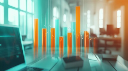 A dynamic business graph with rising bars in orange and teal, showcasing growth and success, on a blurred office background.